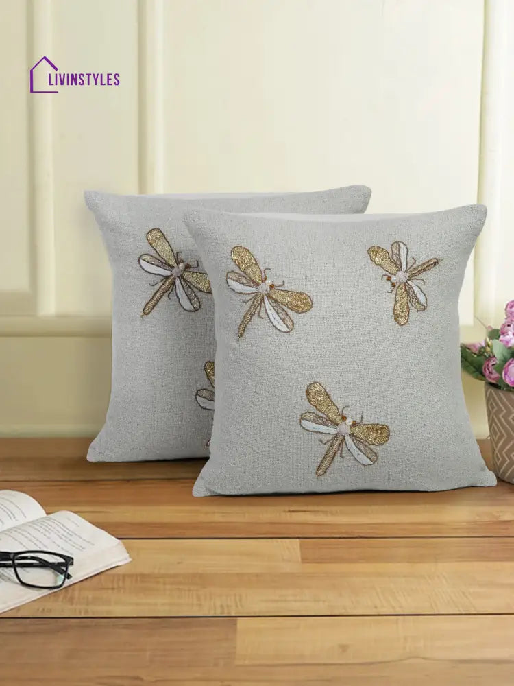 Grey Color Cotton Hand Work Cushion Cover Set Of 2 (18X18 Inch)