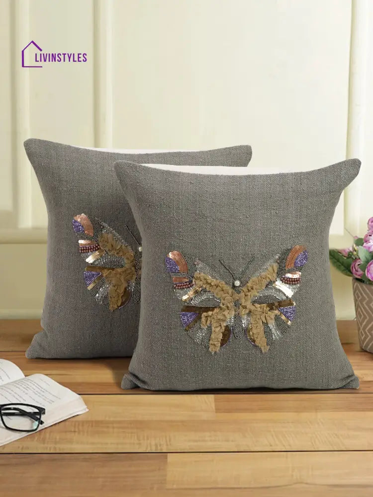 Grey Color Cotton Hand Work Cushion Cover Set Of 2 (18X18 Inch)