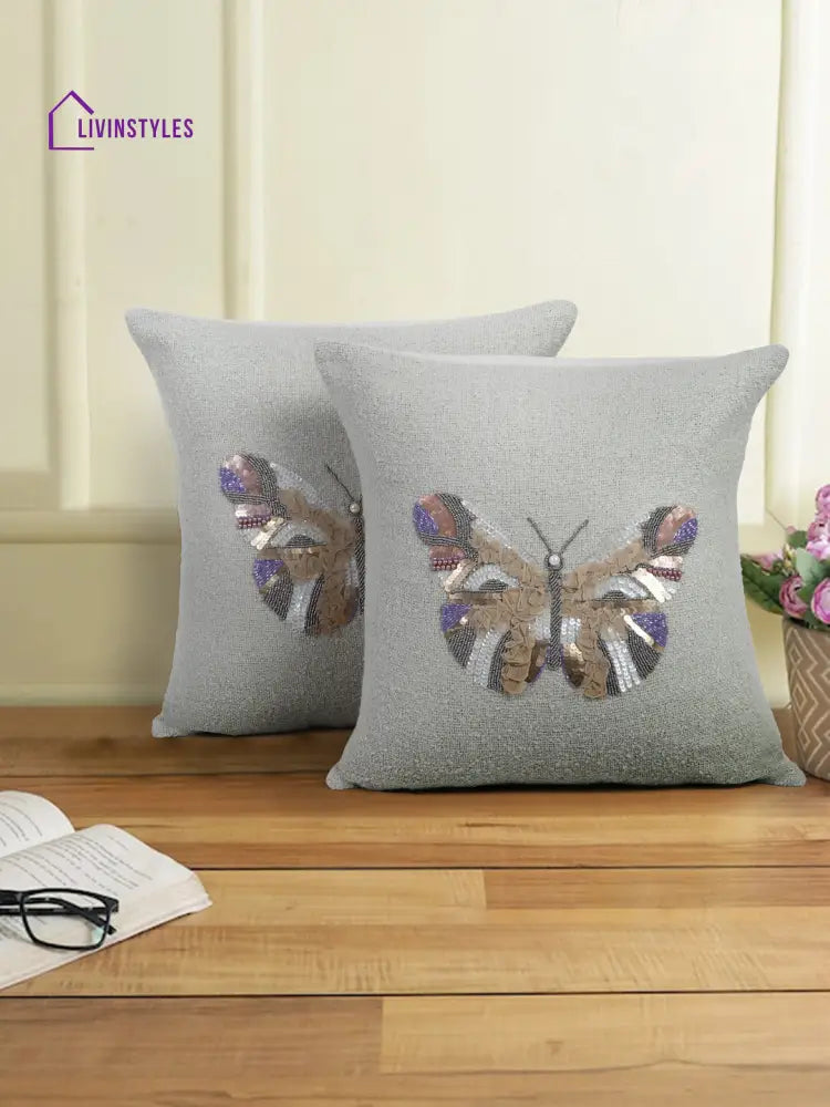Grey Color Cotton Hand Work Cushion Cover Set Of 2 (18X18 Inch)
