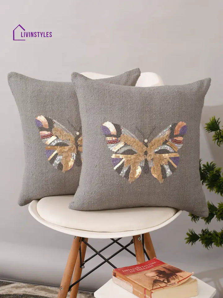 Grey Color Cotton Hand Work Cushion Cover Set Of 2 (18X18 Inch)