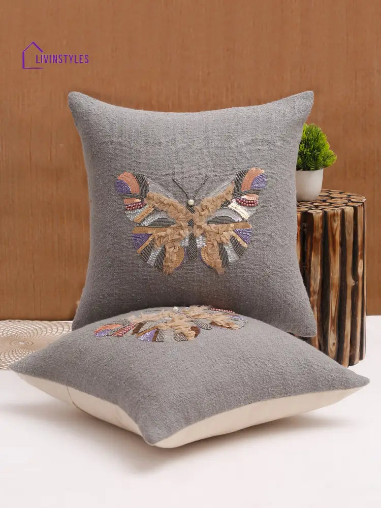 Grey Color Cotton Hand Work Cushion Cover Set Of 2 (18X18 Inch)