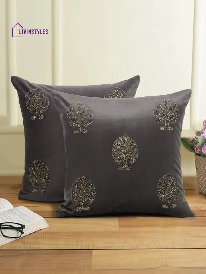Grey Color Velvet Hand Work Cushion Cover Set Of 2 (18X18 Inch)