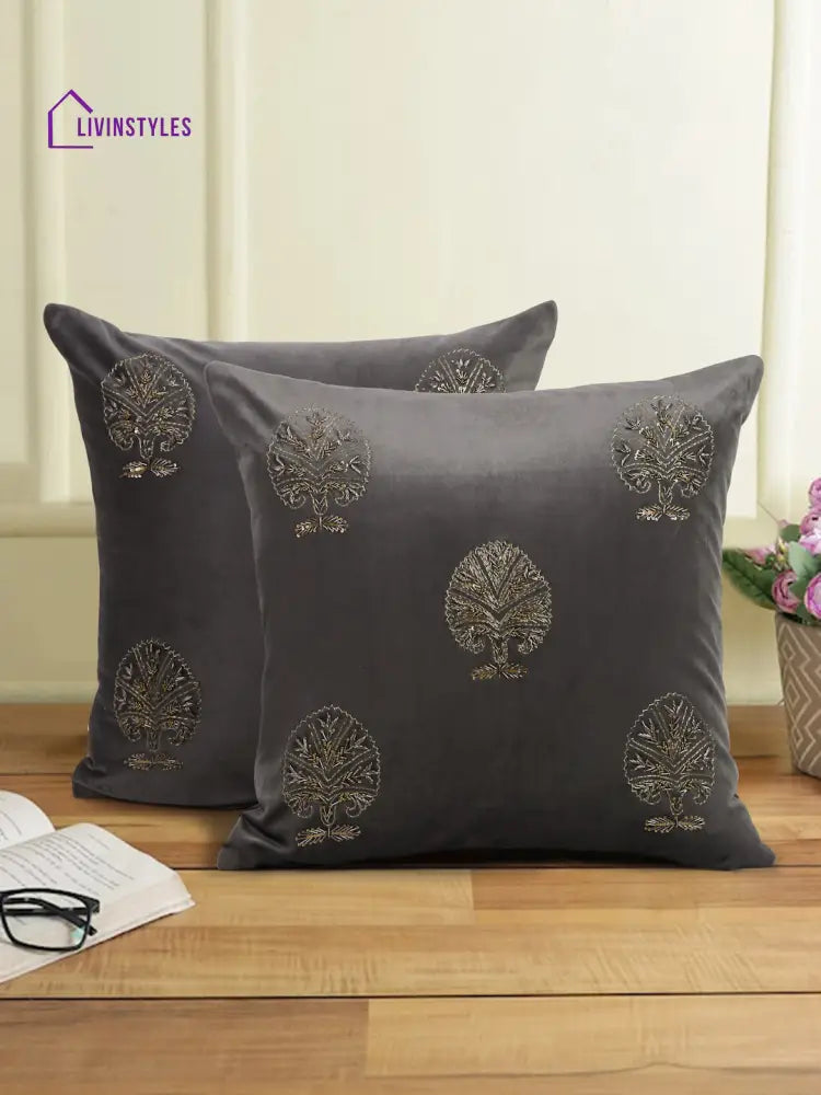 Grey Color Velvet Hand Work Cushion Cover Set Of 2 (18X18 Inch)