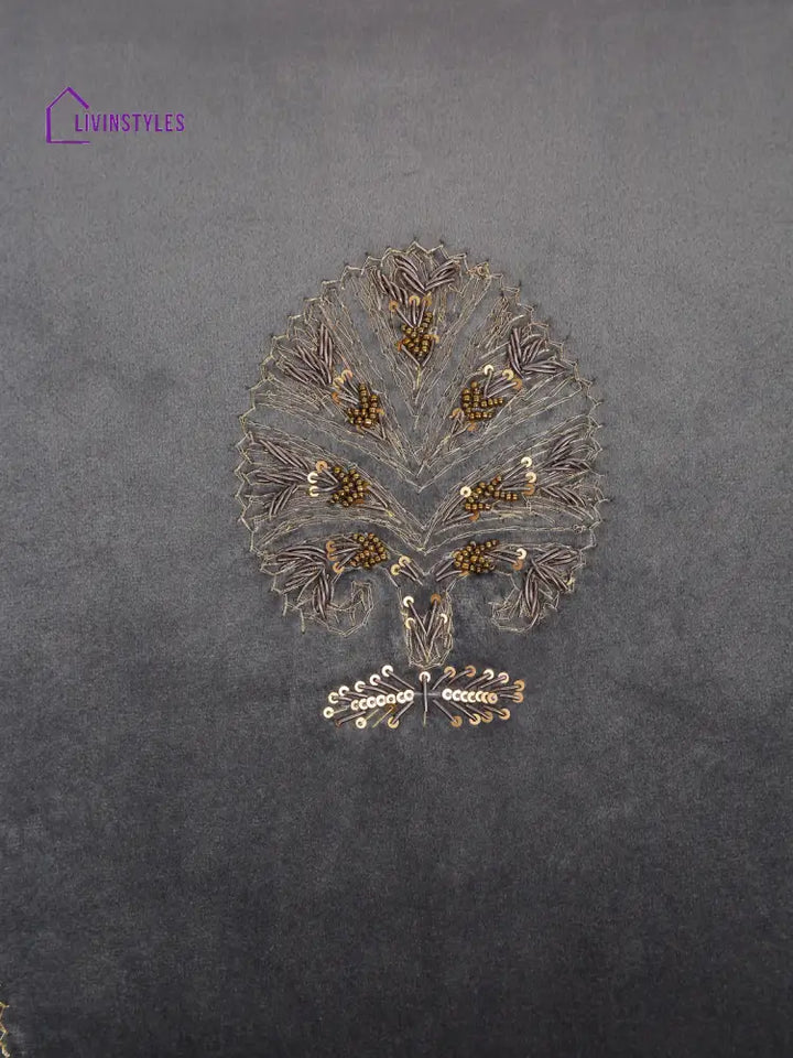 Grey Color Velvet Hand Work Cushion Cover Set Of 2 (18X18 Inch)