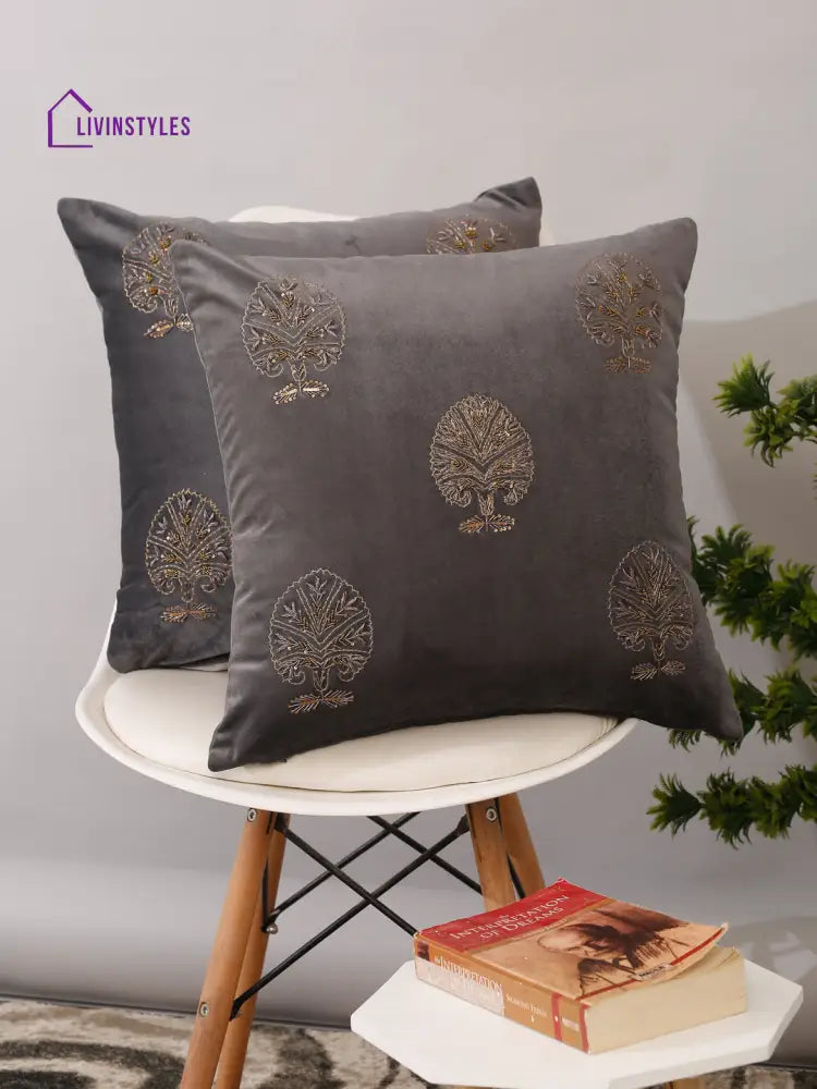 Grey Color Velvet Hand Work Cushion Cover Set Of 2 (18X18 Inch)