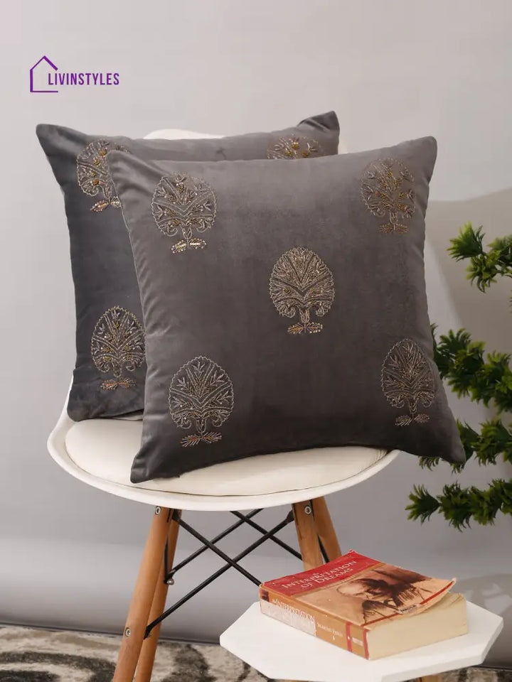 Grey Color Velvet Hand Work Cushion Cover Set Of 2 (18X18 Inch)