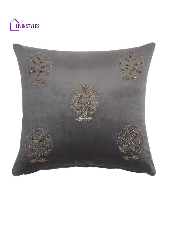 Grey Color Velvet Hand Work Cushion Cover Set Of 2 (18X18 Inch)