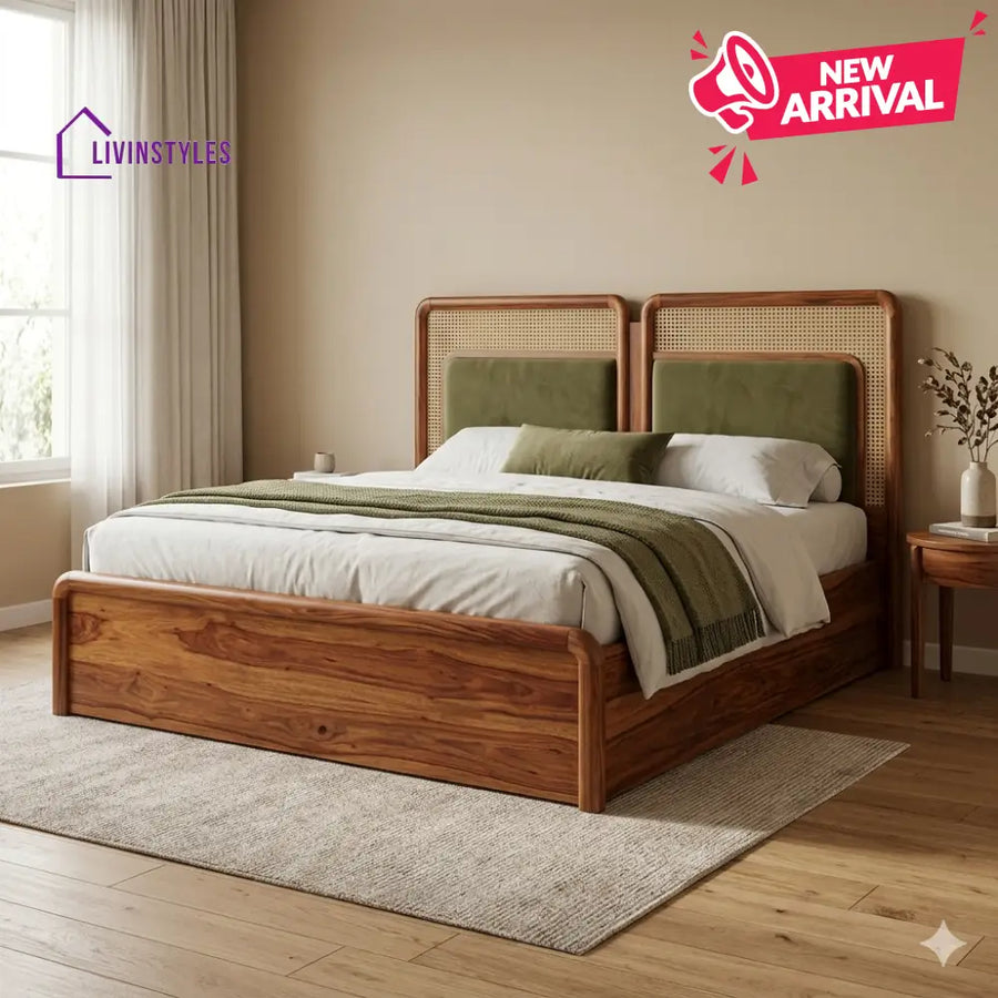 Grigory Premium Sheesham Wood Bed with Velvet Headboard