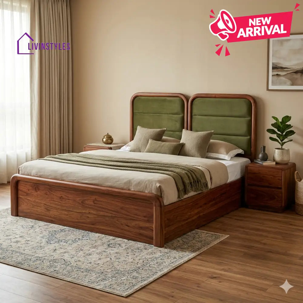 Grigory Premium Sheesham Wood Bed with Velvet Headboard