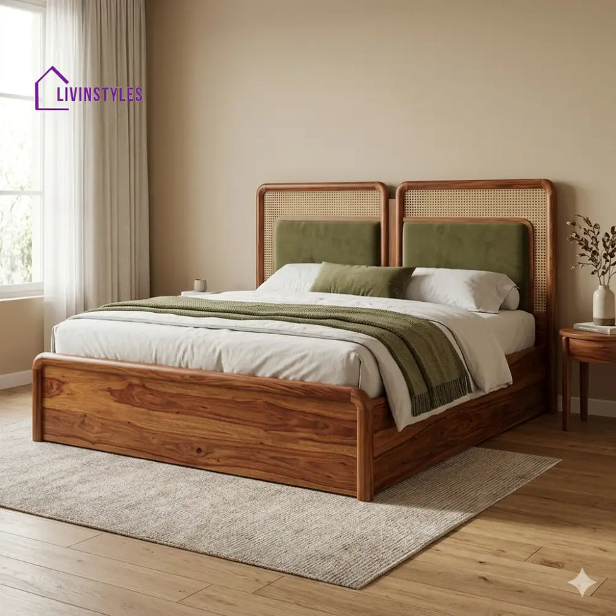 Grigory Premium Sheesham Wood Bed with Velvet Headboard