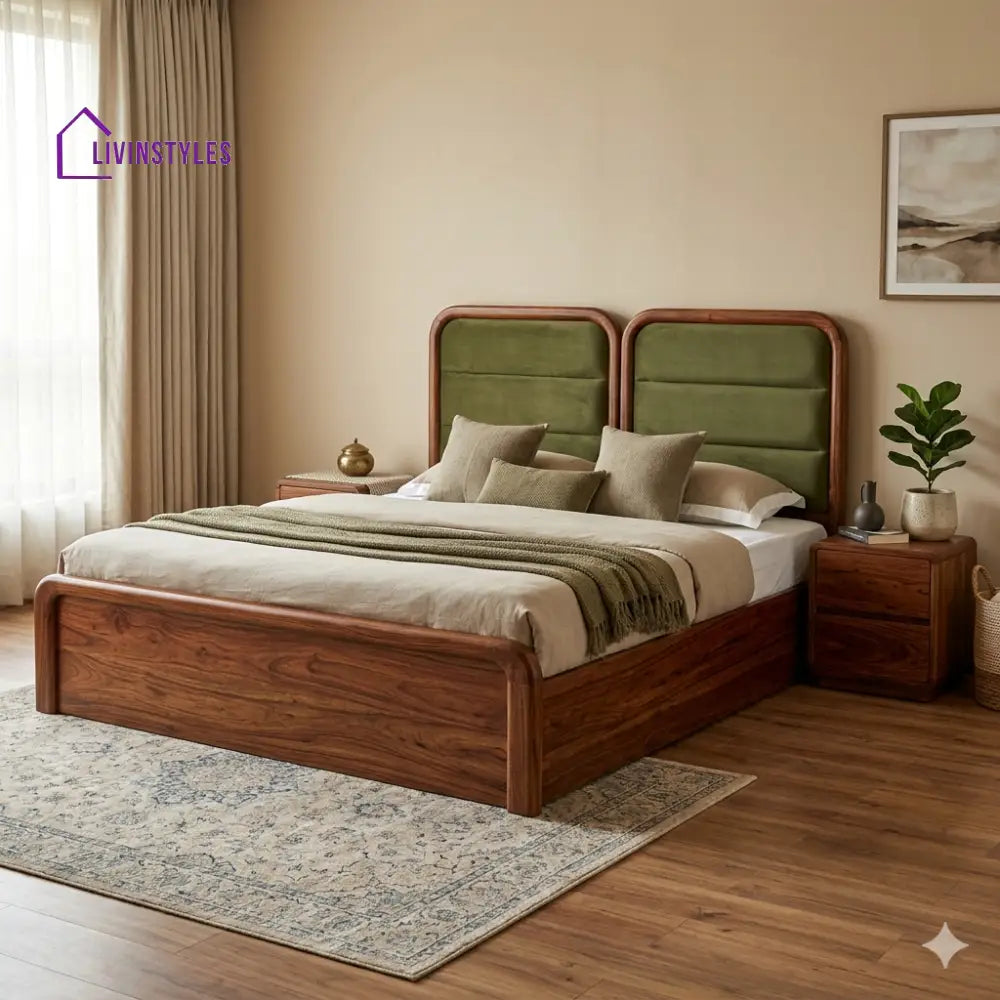 Grigory Premium Sheesham Wood Bed with Velvet Headboard