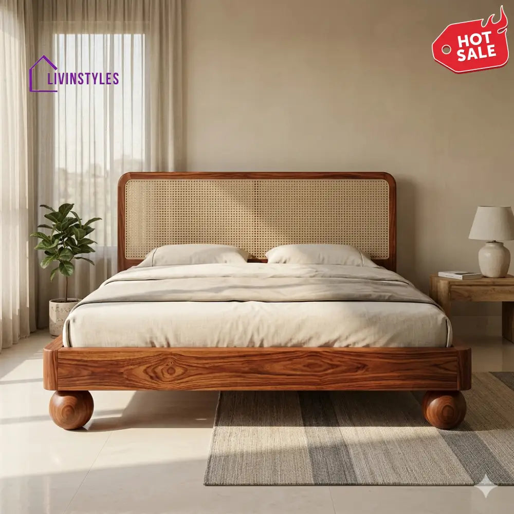 Grigory Sheesham Wood Bed with Ball Shaped Legs and Cane Weaving Headboard