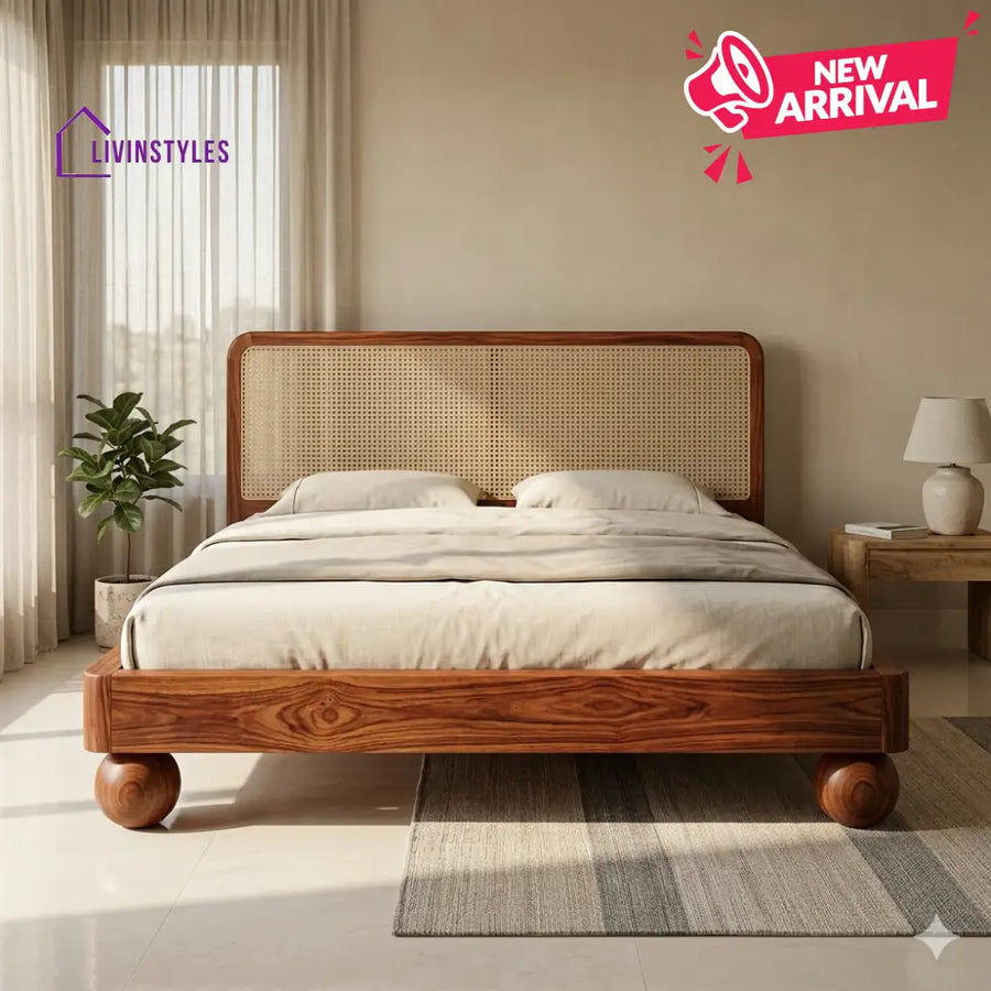 Grigory Sheesham Wood Bed with Ball Shaped Legs and Cane Weaving Headboard