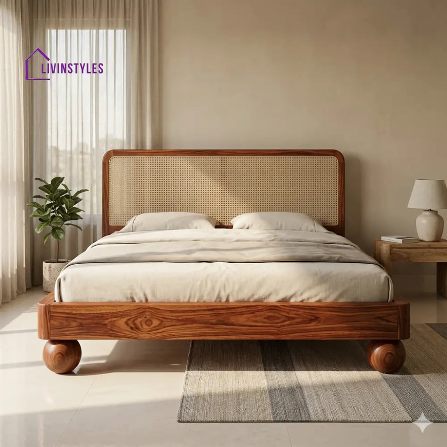 Grigory Sheesham Wood Bed with Ball Shaped Legs and Cane Weaving Headboard