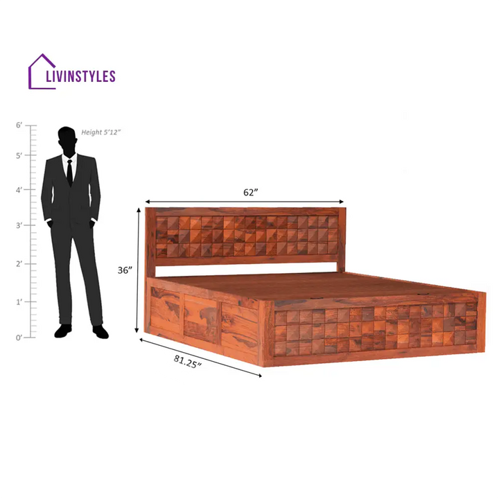 Grigory Sheesham Wood Storage Hydraulic Bed In Reddish Rosewood