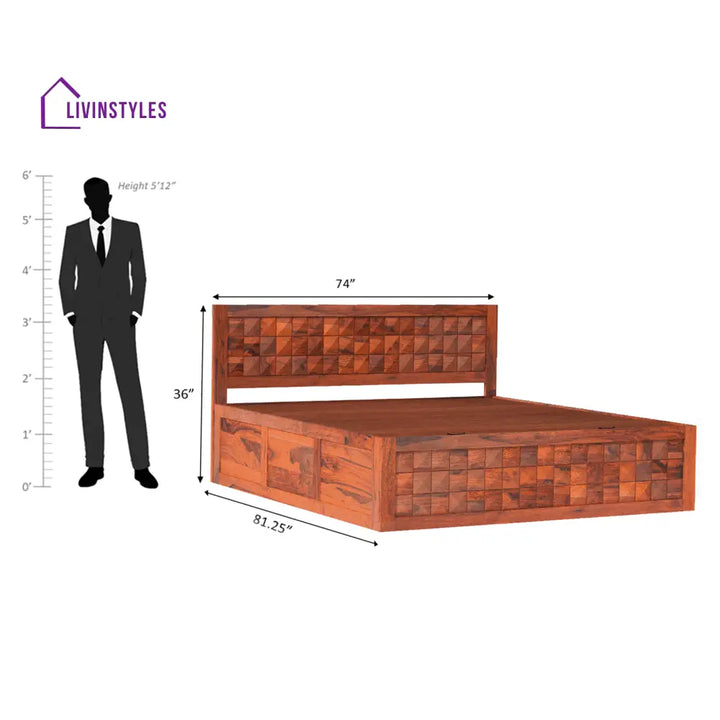 Grigory Sheesham Wood Storage Hydraulic Bed In Reddish Rosewood
