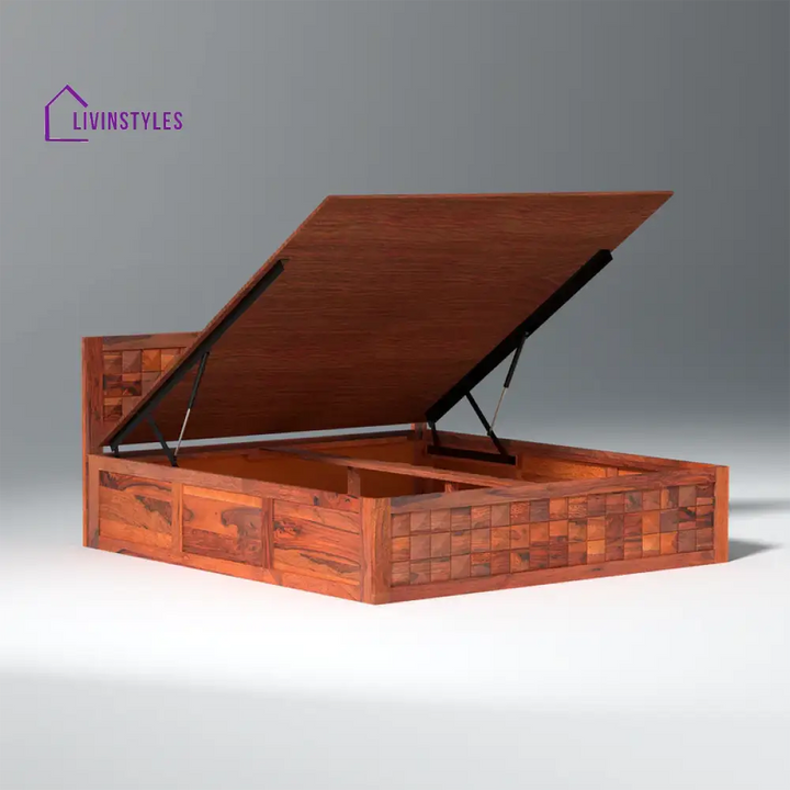 Grigory Sheesham Wood Storage Hydraulic Bed In Reddish Rosewood