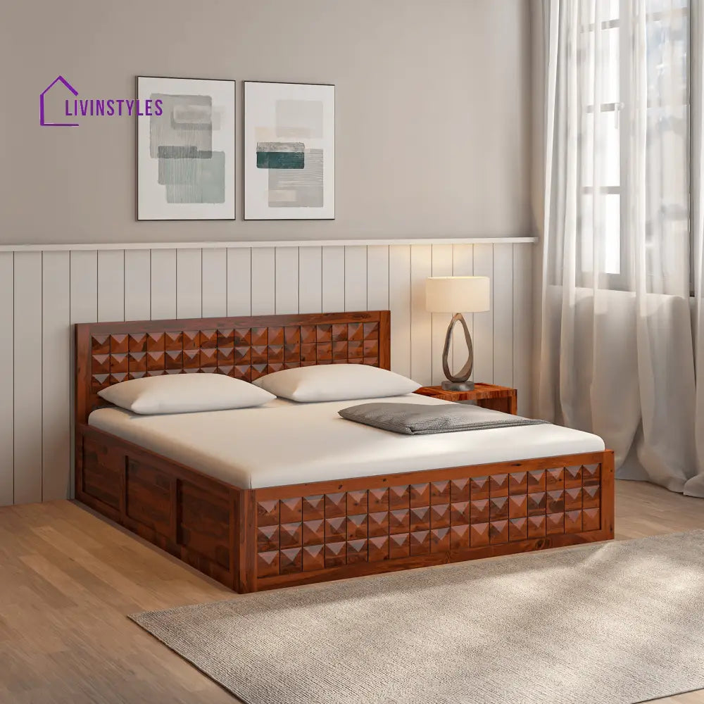 Grigory Sheesham Wood Storage Hydraulic Bed In Reddish Rosewood
