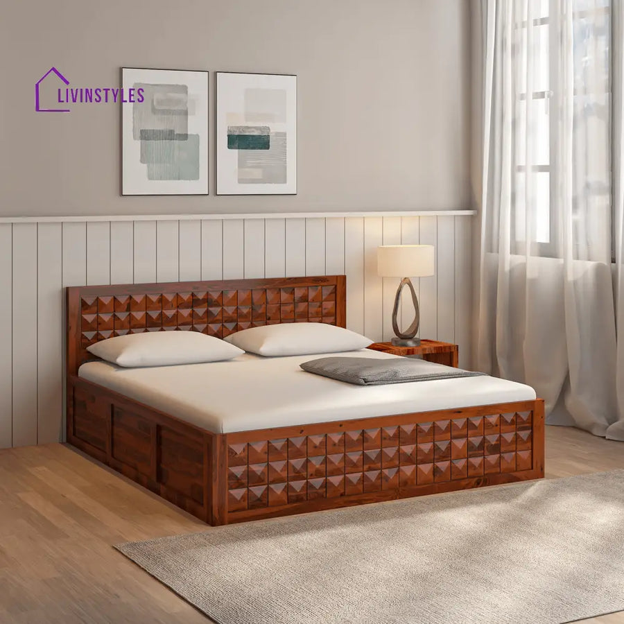 Grigory Sheesham Wood Storage Hydraulic Bed In Reddish Rosewood