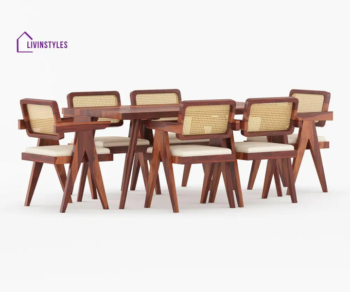Grigory Solid Wood Sheesham 6 Seater With Cushion Dining Table Set (Honey Finish) | Cane Weaving Chairs