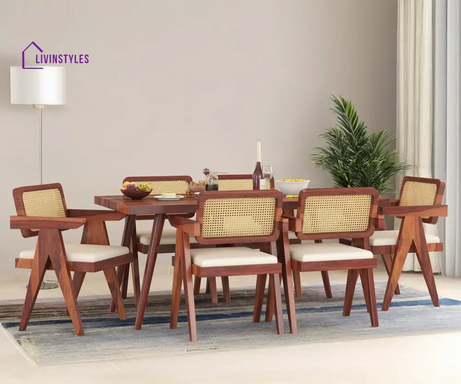 Grigory Solid Wood Sheesham 6 Seater With Cushion Dining Table Set (Honey Finish) | Cane Weaving Chairs