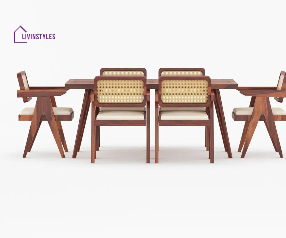 Grigory Solid Wood Sheesham 6 Seater With Cushion Dining Table Set (Honey Finish) | Cane Weaving Chairs