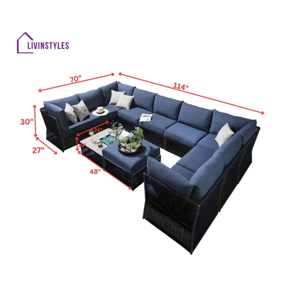 Griselda Outdoor Sofa Set 9 Seater 1 Ottoman and 1 Center Table Set (Blue) Braided & Rope - Sofa Sets