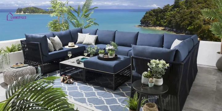 Griselda Outdoor Sofa Set 9 Seater 1 Ottoman and 1 Center Table Set (Blue) Braided & Rope - Sofa Sets