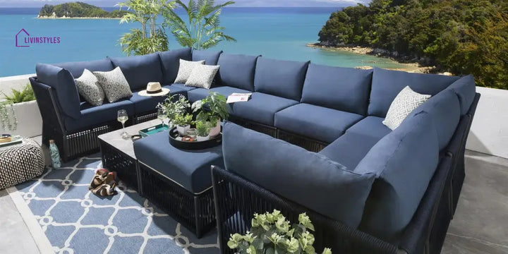 Griselda Outdoor Sofa Set 9 Seater 1 Ottoman and 1 Center Table Set (Blue) Braided & Rope - Sofa Sets