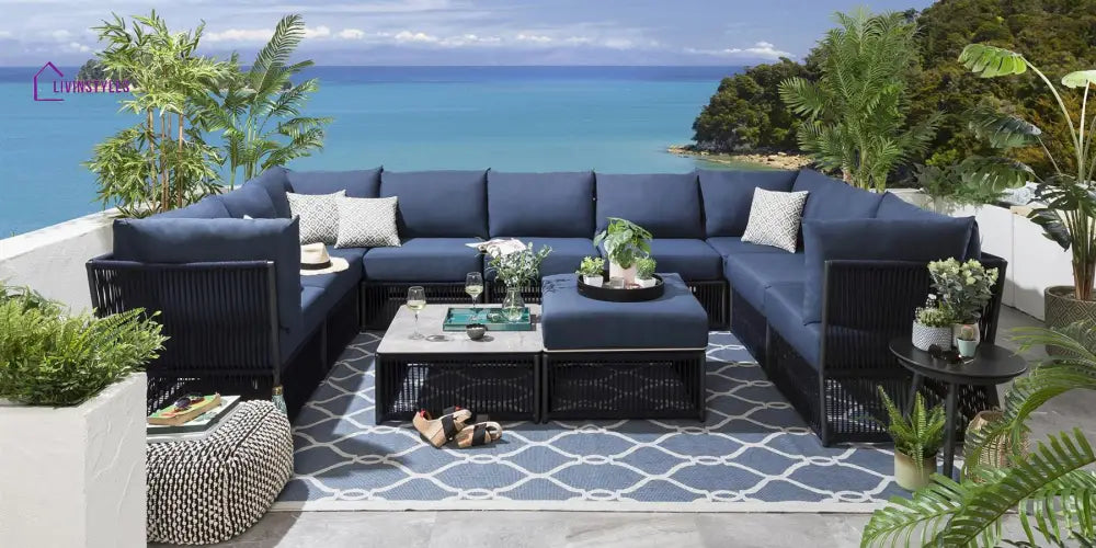 Griselda Outdoor Sofa Set 9 Seater 1 Ottoman and 1 Center Table Set (Blue) Braided & Rope - Sofa Sets