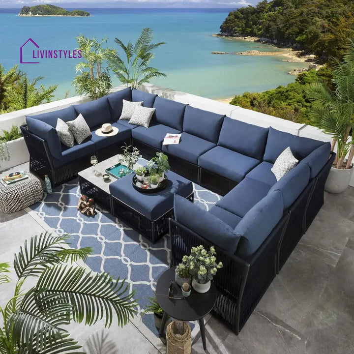 Griselda Outdoor Sofa Set 9 Seater 1 Ottoman and 1 Center Table Set (Blue) Braided & Rope - Sofa Sets