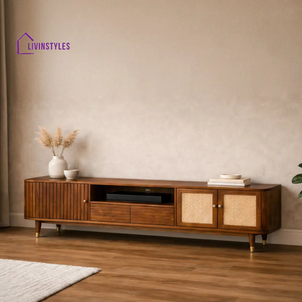 Gyana Premium Solid Wood TV Unit with Cane Panel Cabinet