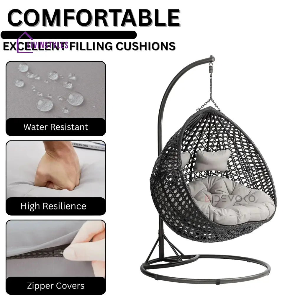 Hai Double Seater Rattan & Wicker Swing (Black & Grey) - Swing