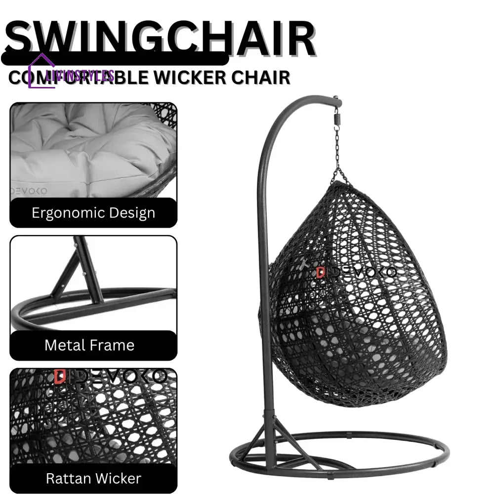 Hai Double Seater Rattan & Wicker Swing (Black & Grey) - Swing
