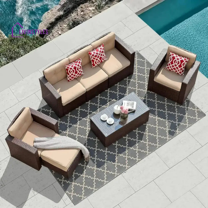 Halima Outdoor Rattan Wicker Sectional 6-Seater Sofa Set - Sofa Set