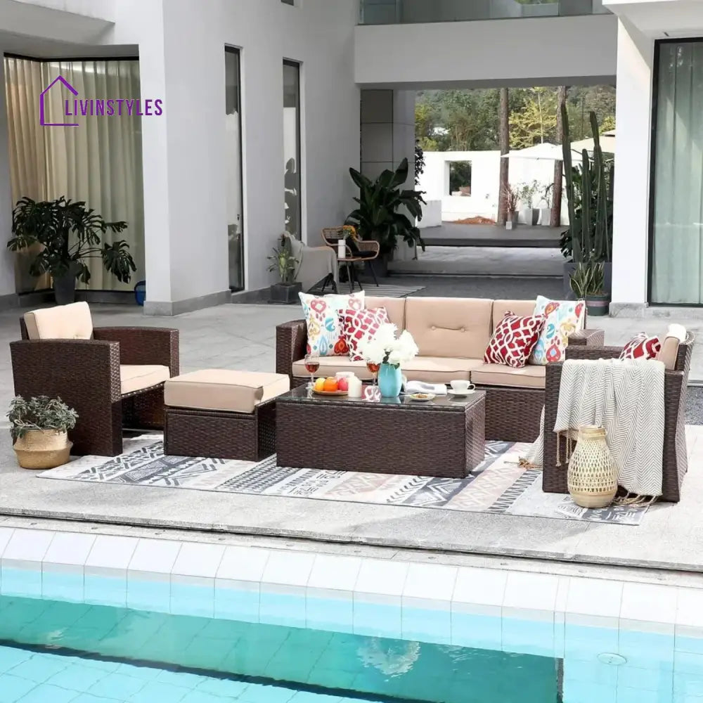 Halima Outdoor Rattan Wicker Sectional 6-Seater Sofa Set - Sofa Set