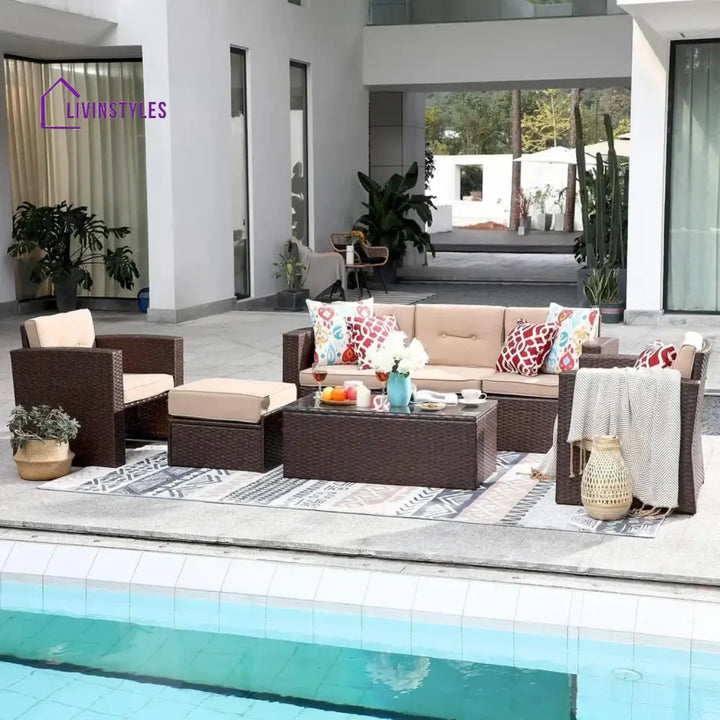 Halima Outdoor Rattan Wicker Sectional 6-Seater Sofa Set - Sofa Set