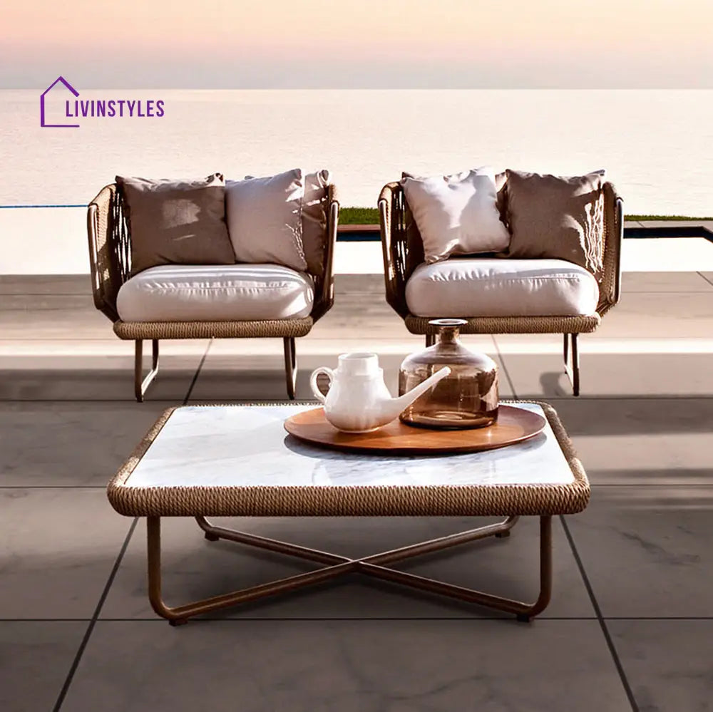 Hancy Outdoor Sofa Set 6 Seater 2 Ottoman and 1 Center Table + 1 side table Set (Tan + Beige) Braided & Rope - Sofa Sets