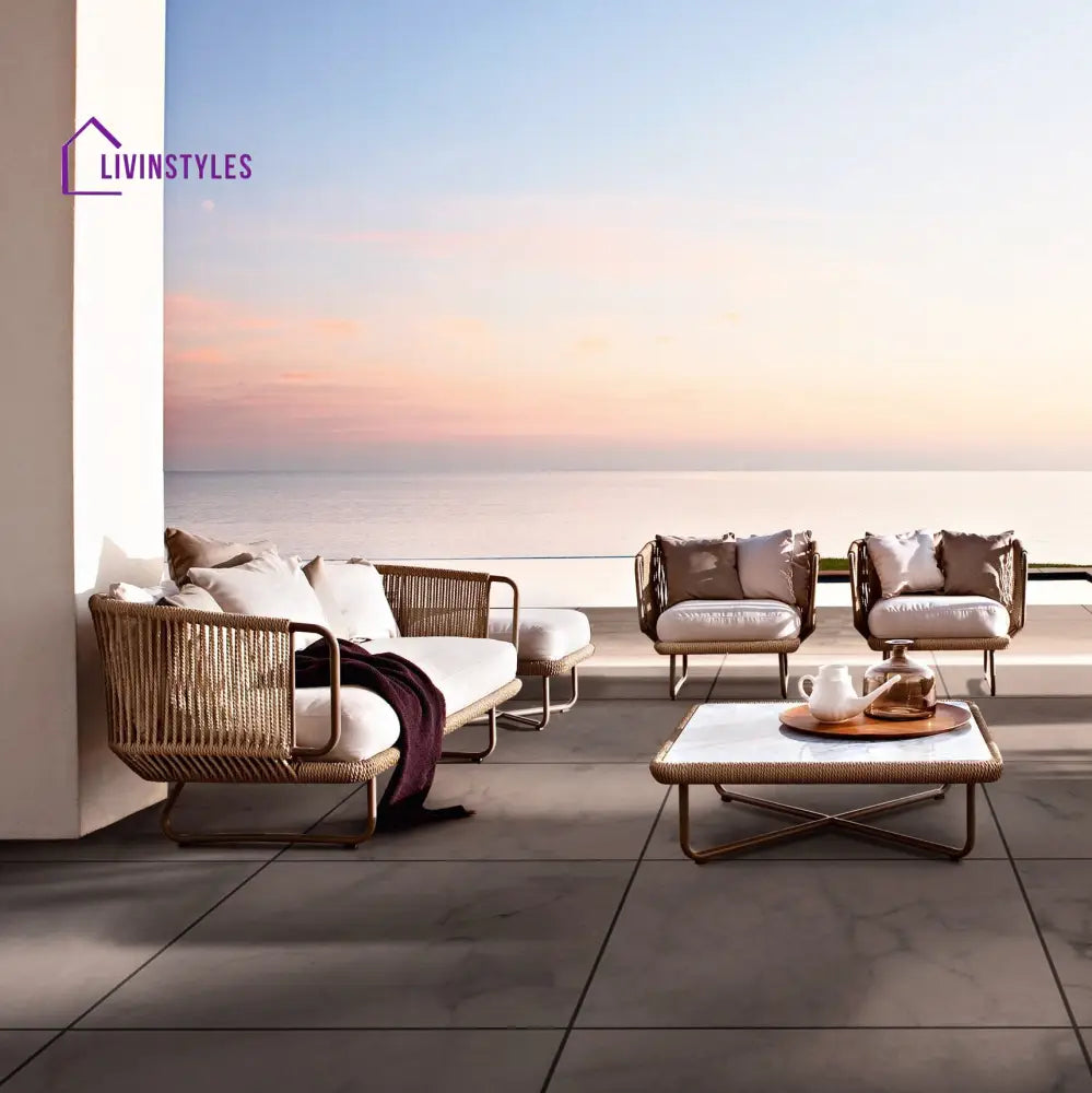 Hancy Outdoor Sofa Set 6 Seater 2 Ottoman and 1 Center Table + 1 side table Set (Tan + Beige) Braided & Rope - Sofa Sets