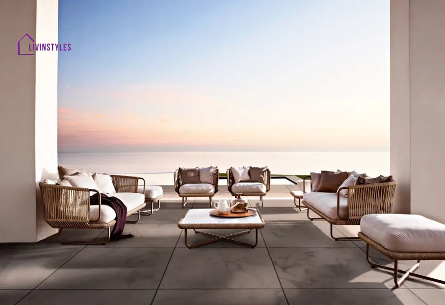 Hancy Outdoor Sofa Set 6 Seater 2 Ottoman and 1 Center Table + 1 side table Set (Tan + Beige) Braided & Rope - Sofa Sets