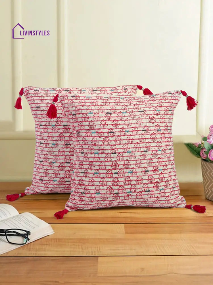 Hand Block Pink Color Cushion Cover Set Of 2 (18X18 Inch)