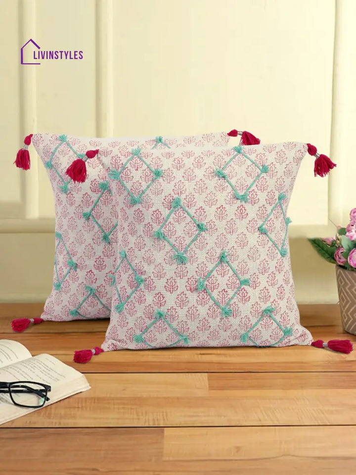 Hand Block Pink Color Cushion Cover Set Of 2 (18X18 Inch)