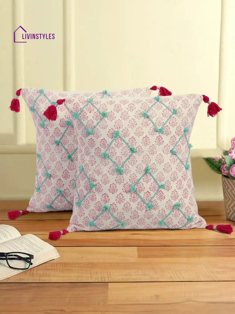Hand Block Pink Color Cushion Cover Set Of 2 (18X18 Inch)