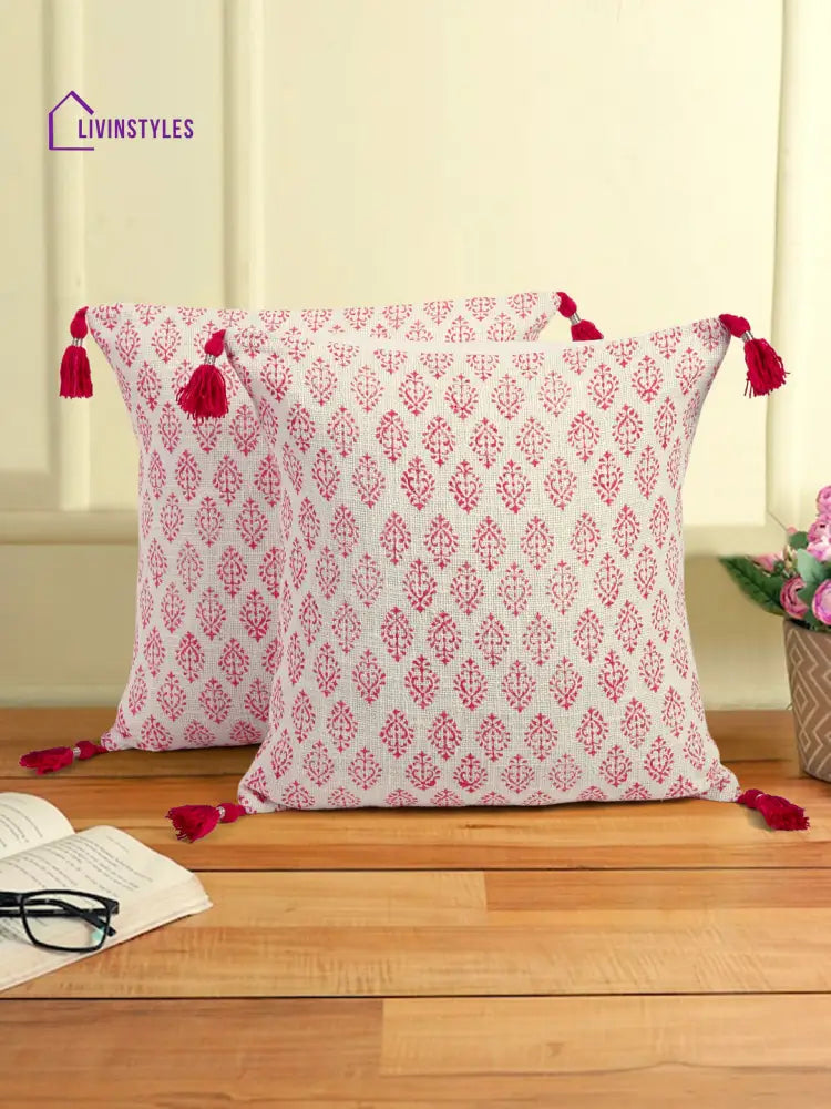 Hand Block Pink Color Cushion Cover Set Of 2 (18X18 Inch)