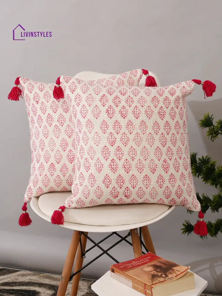 Hand Block Pink Color Cushion Cover Set Of 2 (18X18 Inch)