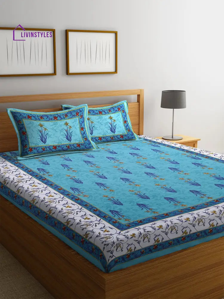 Hand Screen Blue Floral Print Double Size Bedsheet With 2 Pillow Coverss