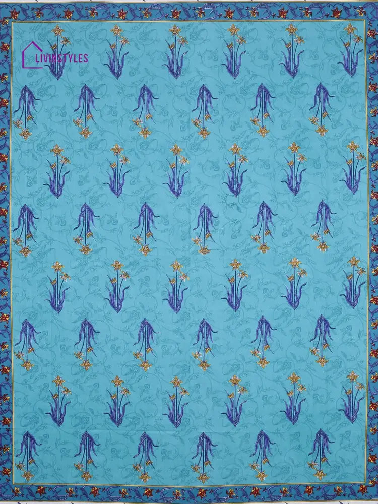 Hand Screen Blue Floral Print Double Size Bedsheet With 2 Pillow Coverss