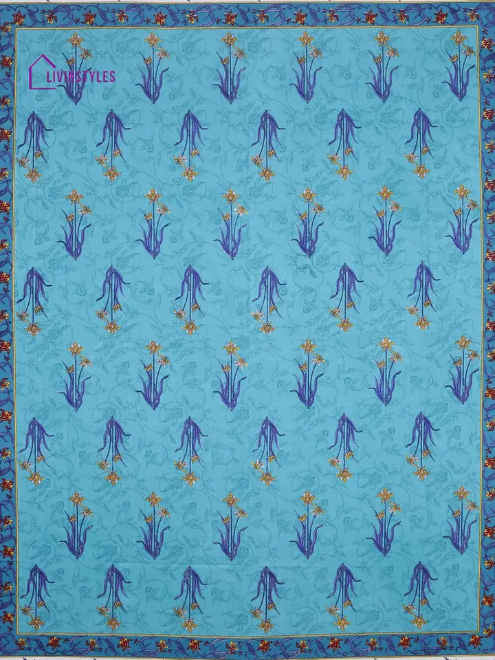 Hand Screen Blue Floral Print Double Size Bedsheet With 2 Pillow Coverss