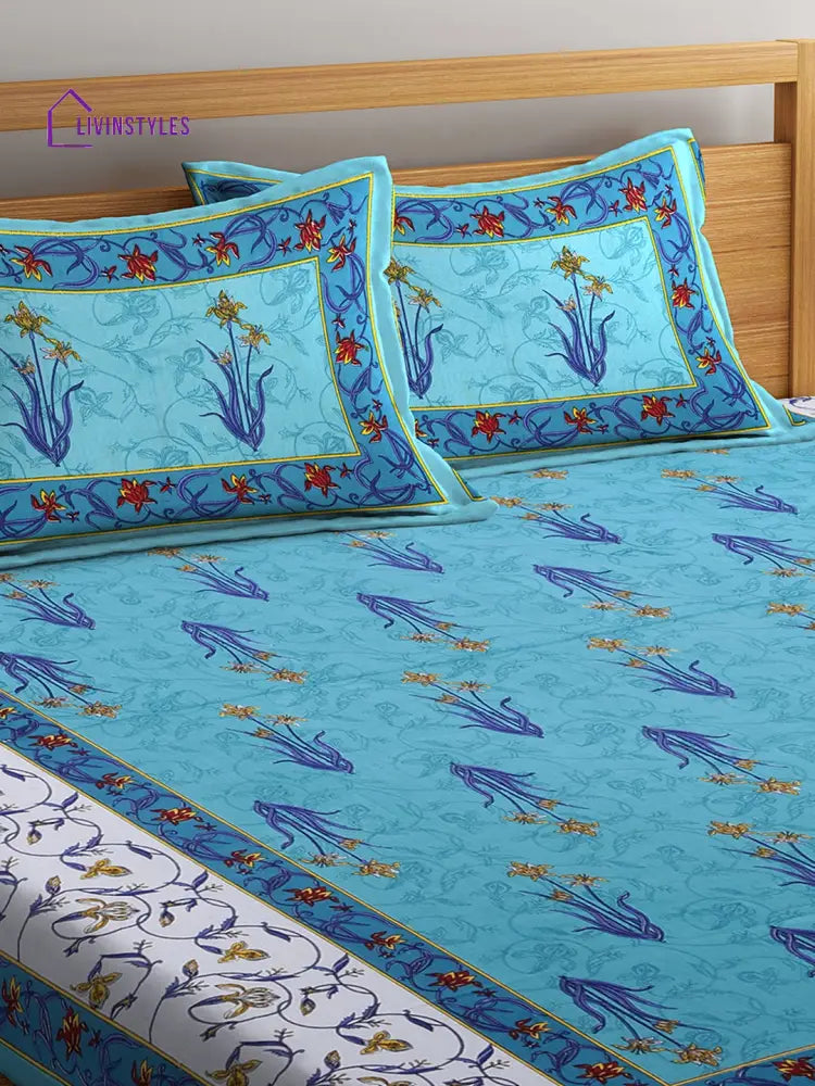 Hand Screen Blue Floral Print Double Size Bedsheet With 2 Pillow Coverss