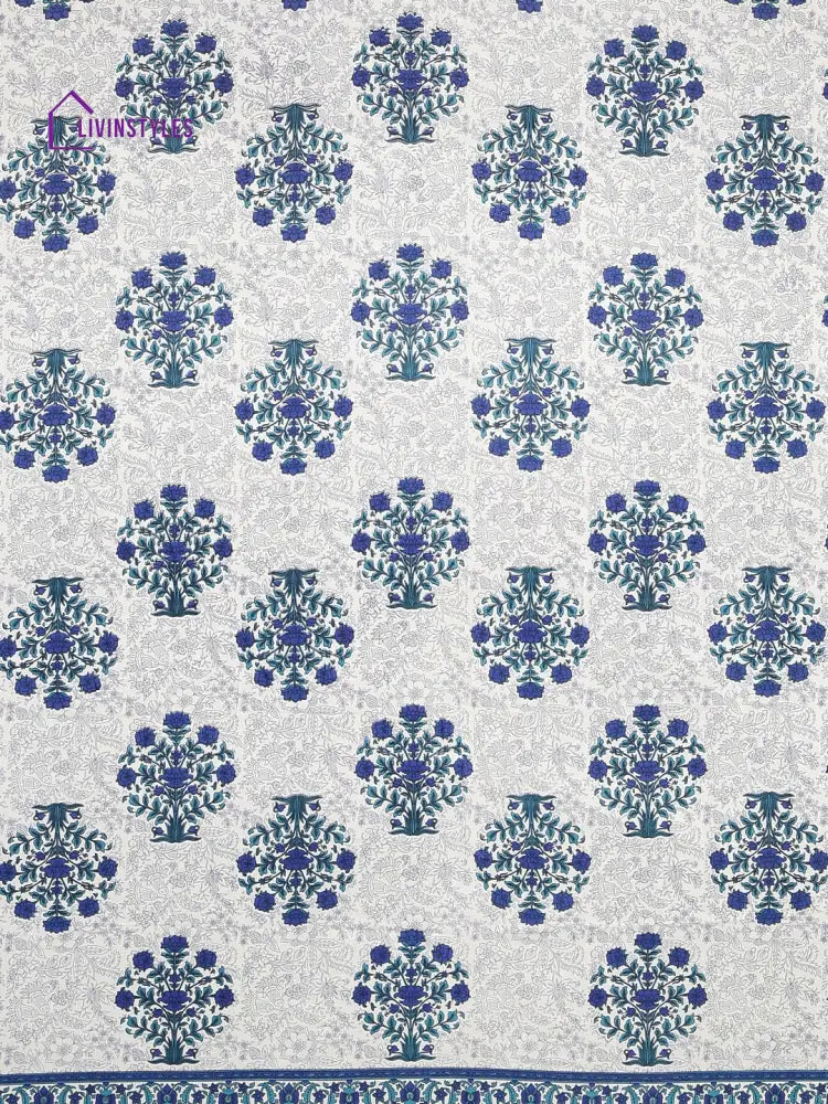 Hand Screen Floral Indigo Double Size Bedsheet With 2 Pillow Coverss
